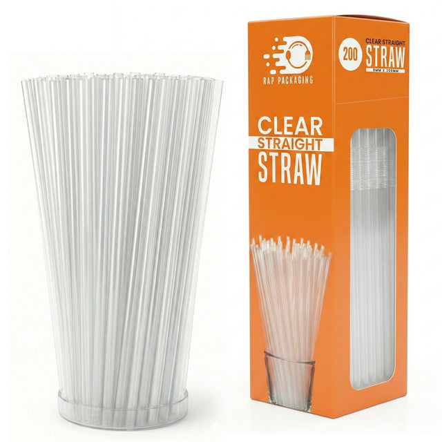 Clear straight plastic smoothie straws, 9mm bore, 200mm long, loose in a glass beside a 200-straw trade box