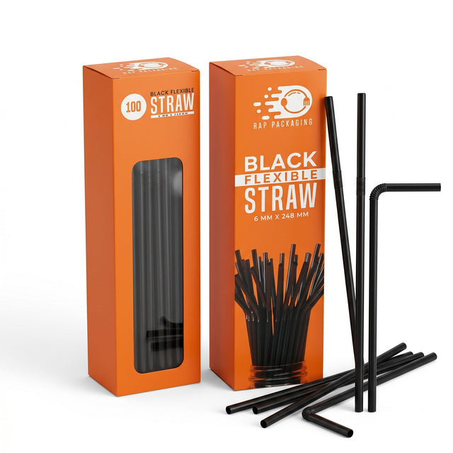 Black flexible bendy plastic drinking straws, 6mm bore, 248mm long, for tall cups and beakers