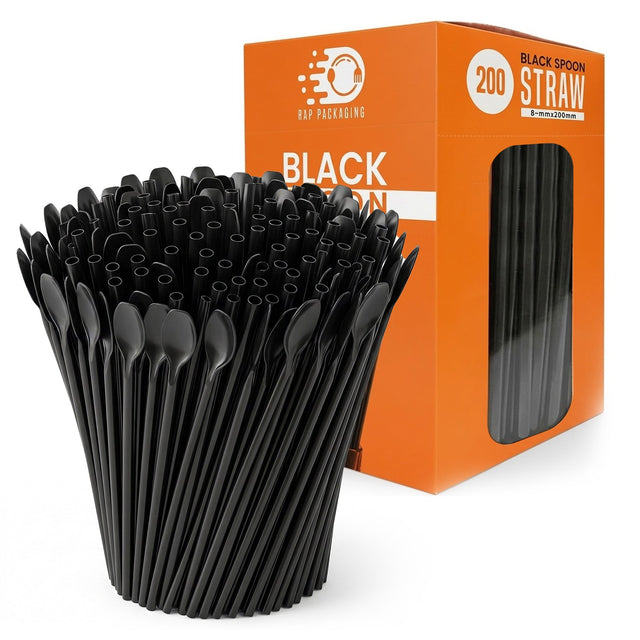 Black plastic spoon straws with a scoop end, 8mm bore, 200mm long, for slush and floats