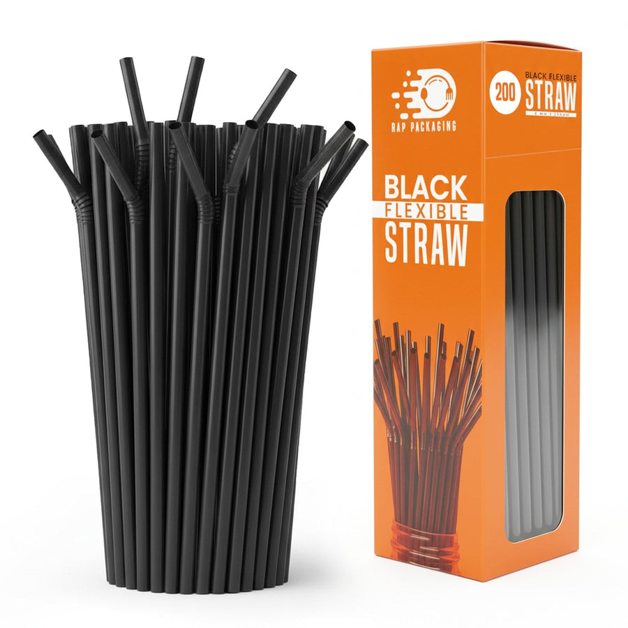 Black flexible bendy plastic drinking straws, 6mm bore, 200mm long, for care homes and assisted drinking