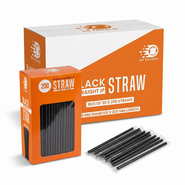 Black individually wrapped plastic straws, 9mm bore, 200mm long, for open counters and dispensers