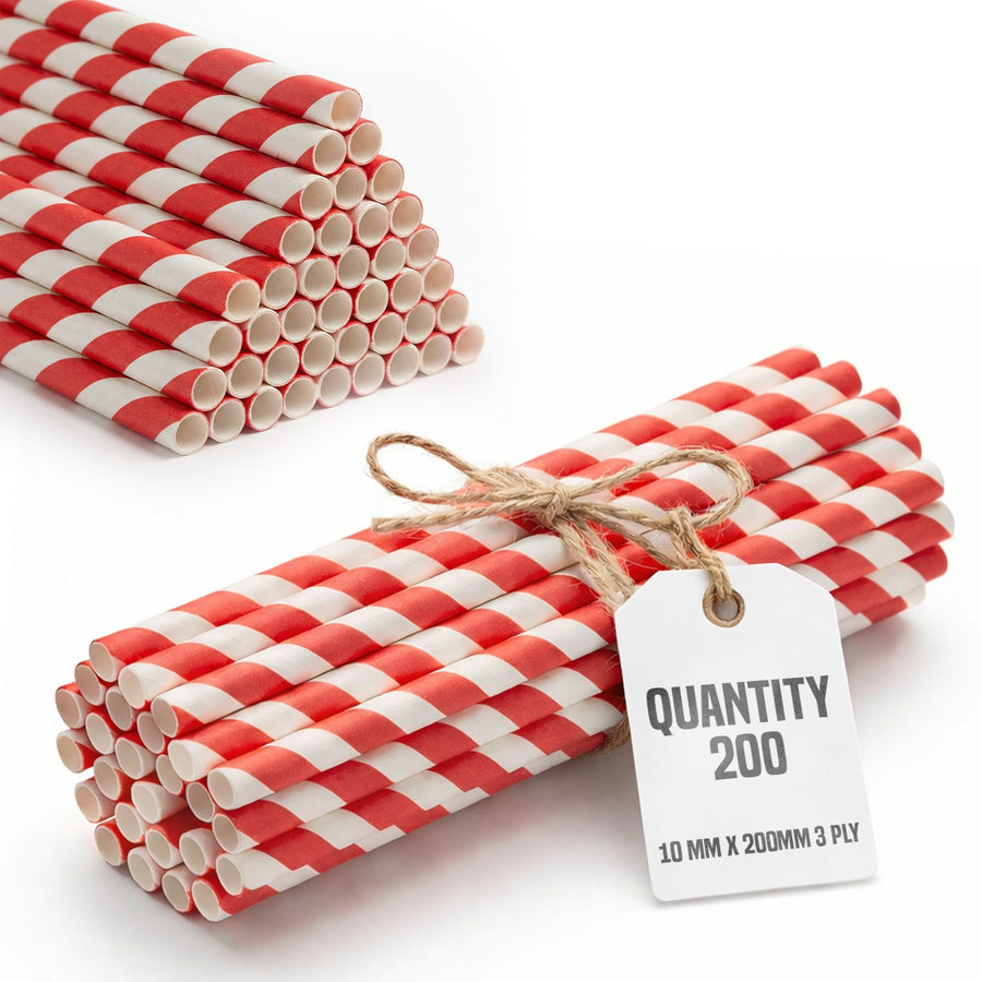 Red striped 3 ply paper straws, 10mm bore, 200mm long, for thick shakes and bubble tea