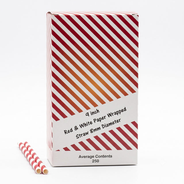 Red and white striped paper milkshake straws, 8mm bore, 230mm long, plastic-free